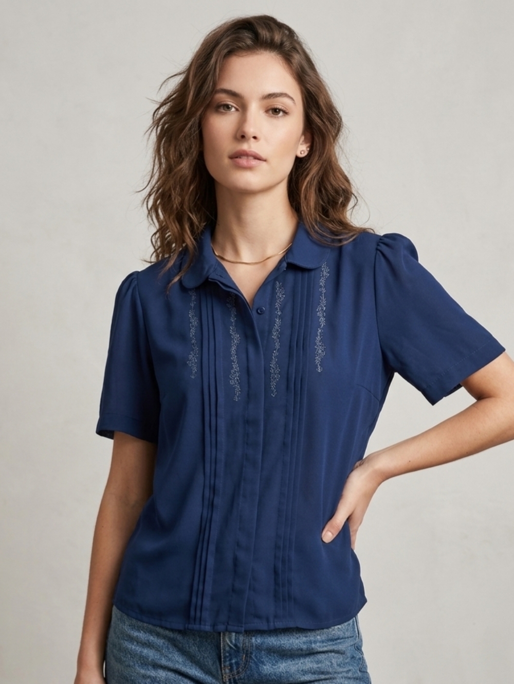 VINTAGE 80s Granny Blue Embroidered blouse  short sleeve SZ L